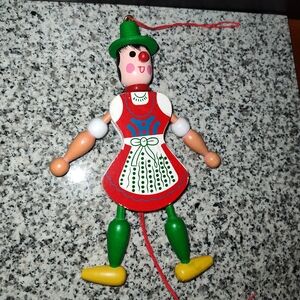 Christmas Ornament. German Wooden Pull-String Jumping Jack Christmas Ornament.